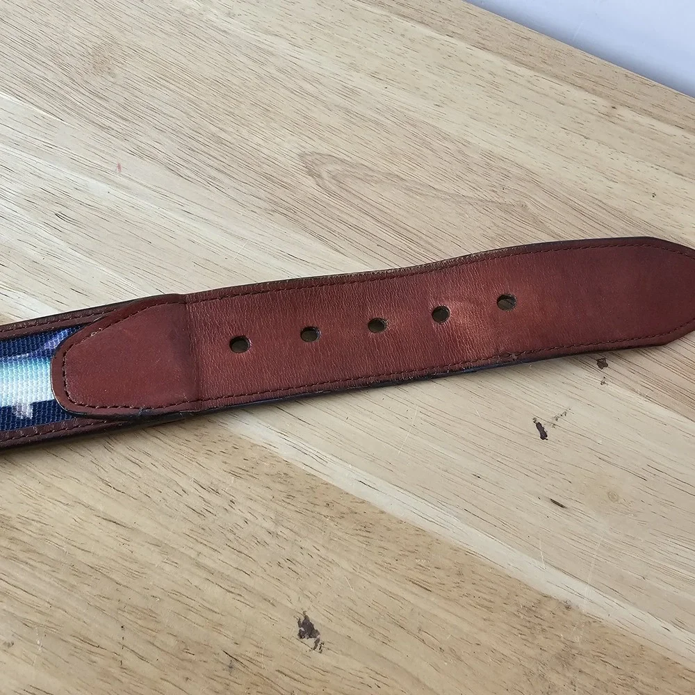 CDG‎ Cavaliere Di Gran Mens 36 Belt Blue Brown Needlepoint Sport Fish Preppy